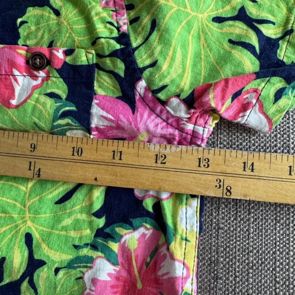 Gymboree Boys 4T Tropical Hibiscus Linen Blend Button Down Shirt Navy Pink Green